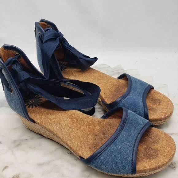 UGG Australia Amell Open Toe Canvas Lace Up Espadrille Wedge 1014955 Blue Sz 8.5 - Picture 14 of 14